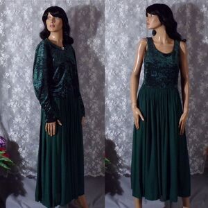 Vintage 90s Green Crushed Velvet Dress Size Medium 1990s Retro Whimsigoth Maxi